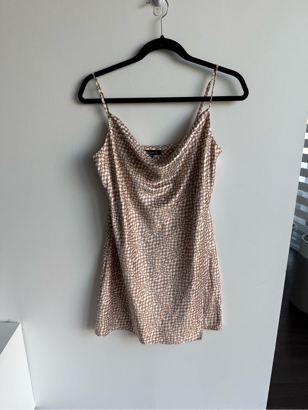 Cowl Neck Beige Patterned Mini Dress